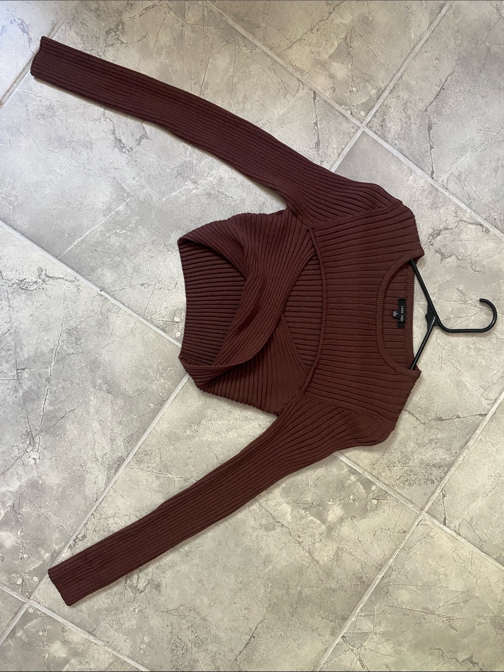 Brown Ribbed Long-Sleeve Crop Top